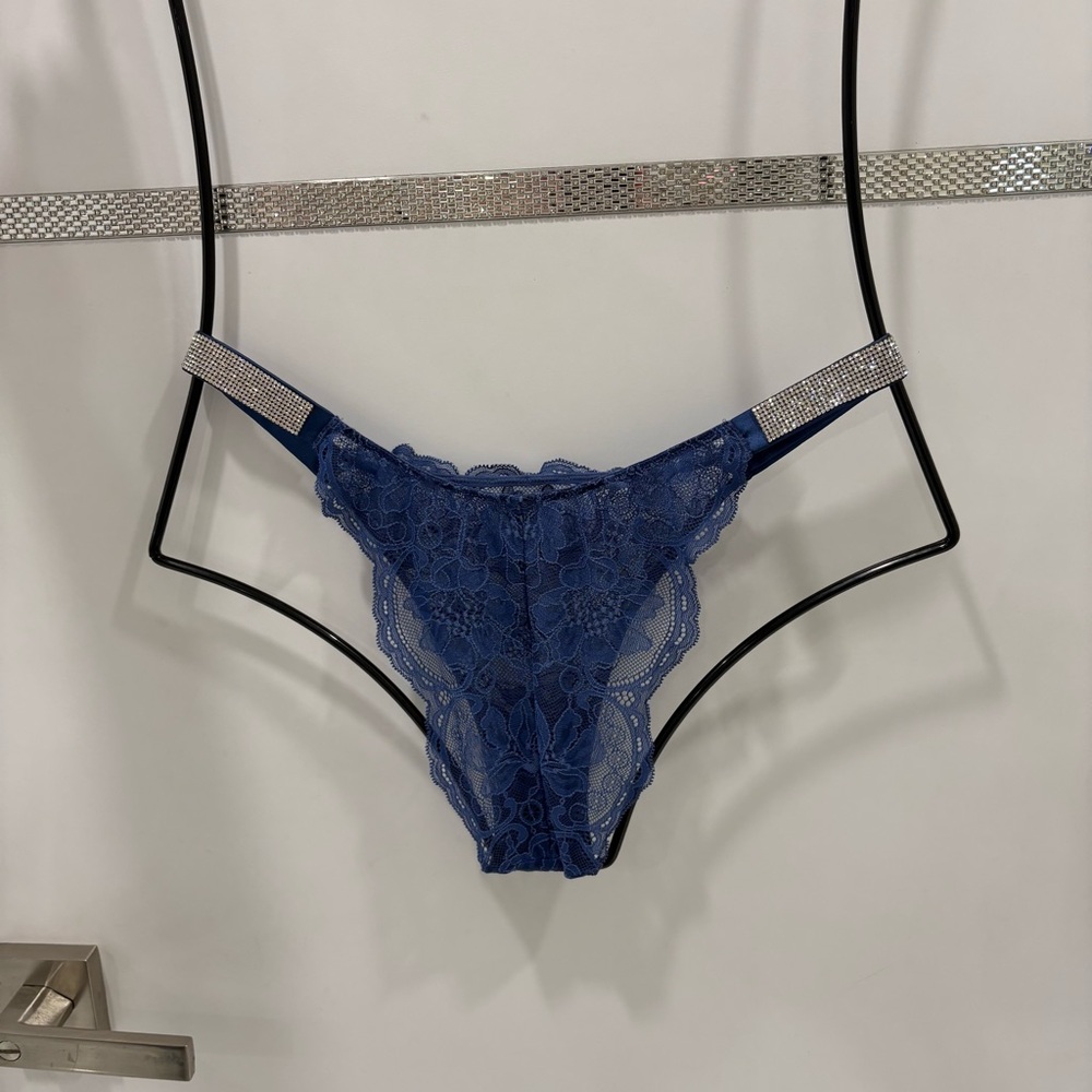THREE Blue Lace Thong with Rhinestone Straps
